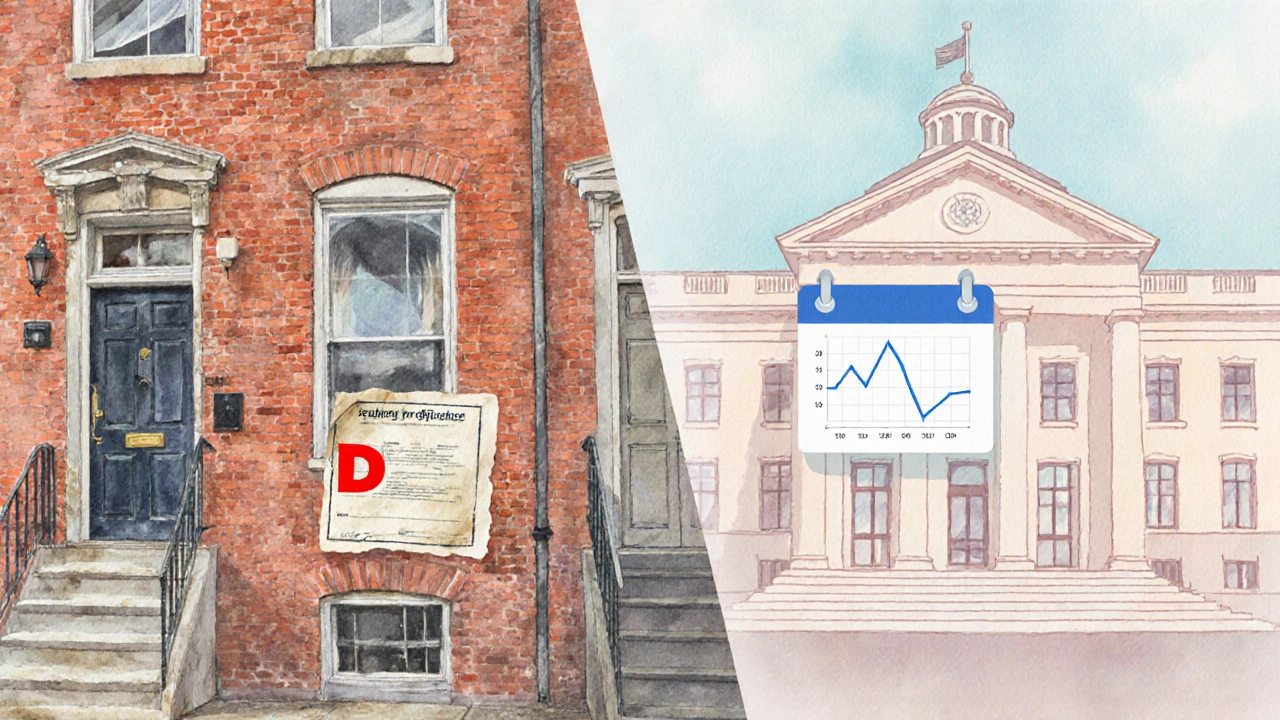 Altbau mit Energieausweis Klasse D neben Stadtgebäude und Klimaziel‑Symbolen.