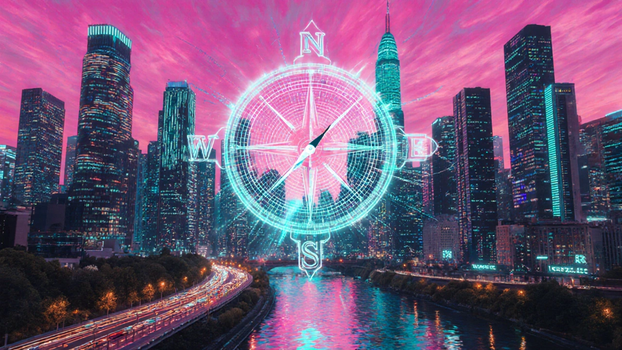 Futuristische Stadt mit Kompass und Heatmap, die das Order‑Buch visualisiert.