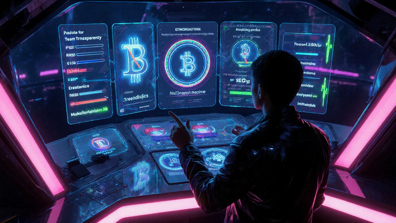 Futuristisches Hologramm‑Cockpit zeigt Bewertungs‑Gadgets für Krypto‑Projekte.