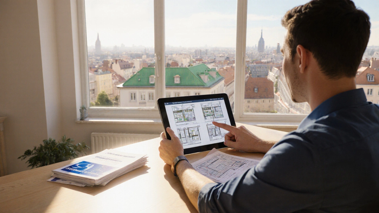 Hausbesitzer bespricht Renovierungsplan und Förderungen mit Berater.