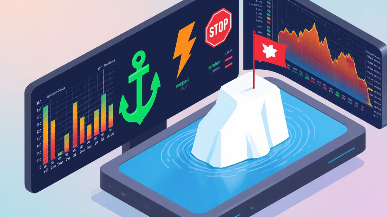Isometrische Darstellung von Limit‑, Market‑, Stop‑ und Iceberg‑Orders.