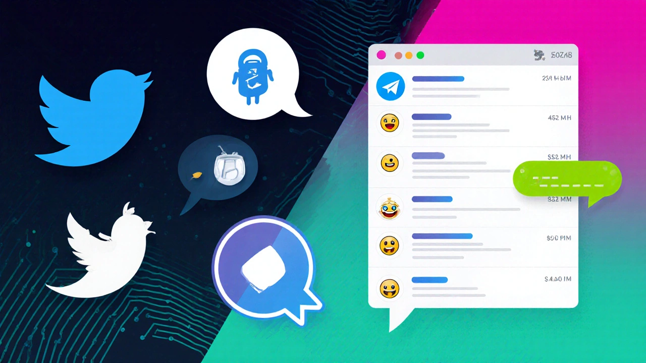 Split‑Screen‑Illustration von Social‑Media‑Plattformen für Krypto‑Communities.