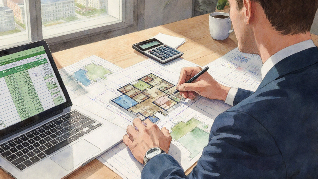 Analyst am Schreibtisch mit Bauplan und Rechner, berechnet Kennzahlen für ein Mehrfamilienhaus.