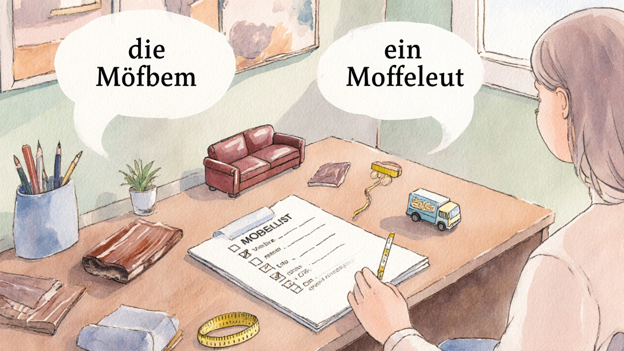 Aquarellzeichnung einer Checkliste für Möbelkauf: Maßband, Ledersofa, Holztisch und Lieferwagen.