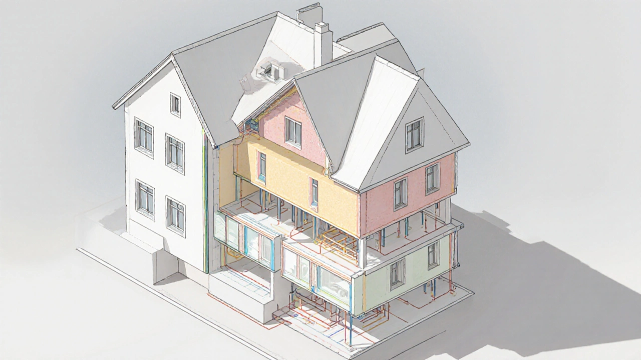 Axonometrische Ansicht zeigt Dach, Fassade, Fenster und Heizung eines Altbaus.