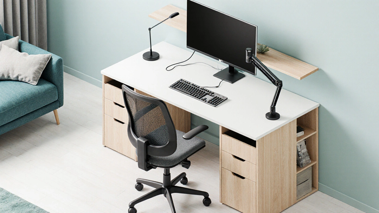 Detailaufnahme eines Schreibtisches mit integrierten Schubladen, Monitorhalterung und Kabelmanagement.