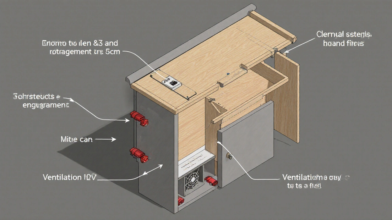 Detailaufnahme eines umgebauten Sideboards mit Verstärkungen, Kabelloch und Lüftungsöffnungen.