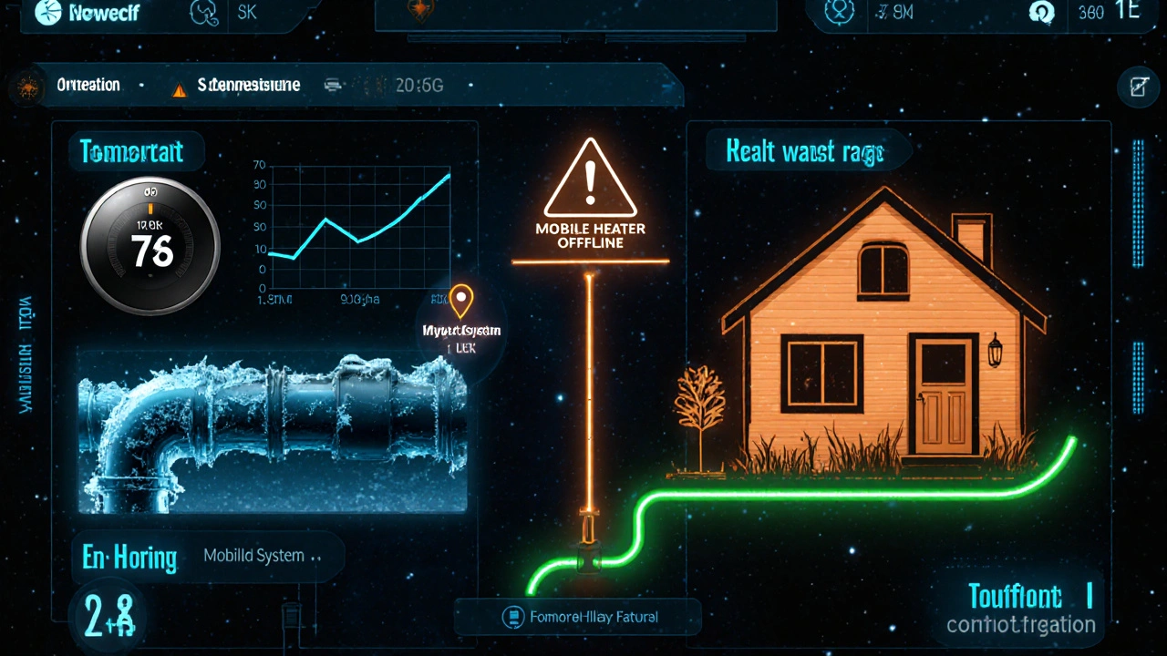 Digitales Dashboard mit Warnung und Techniker-Route, das eine intelligente Heizungsüberwachung zeigt.