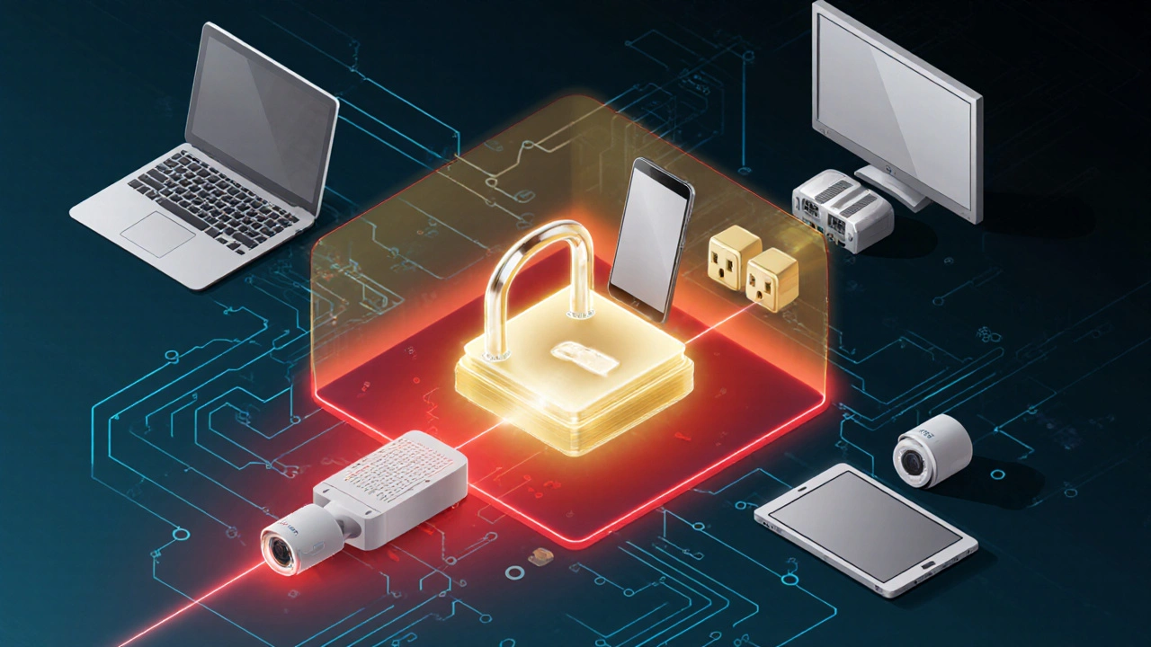 Drei getrennte Netzwerke in einem Haus: Primärnetz, IoT-Netz und Gastnetz, visualisiert durch Lichtfarben und Schutzbarrieren.