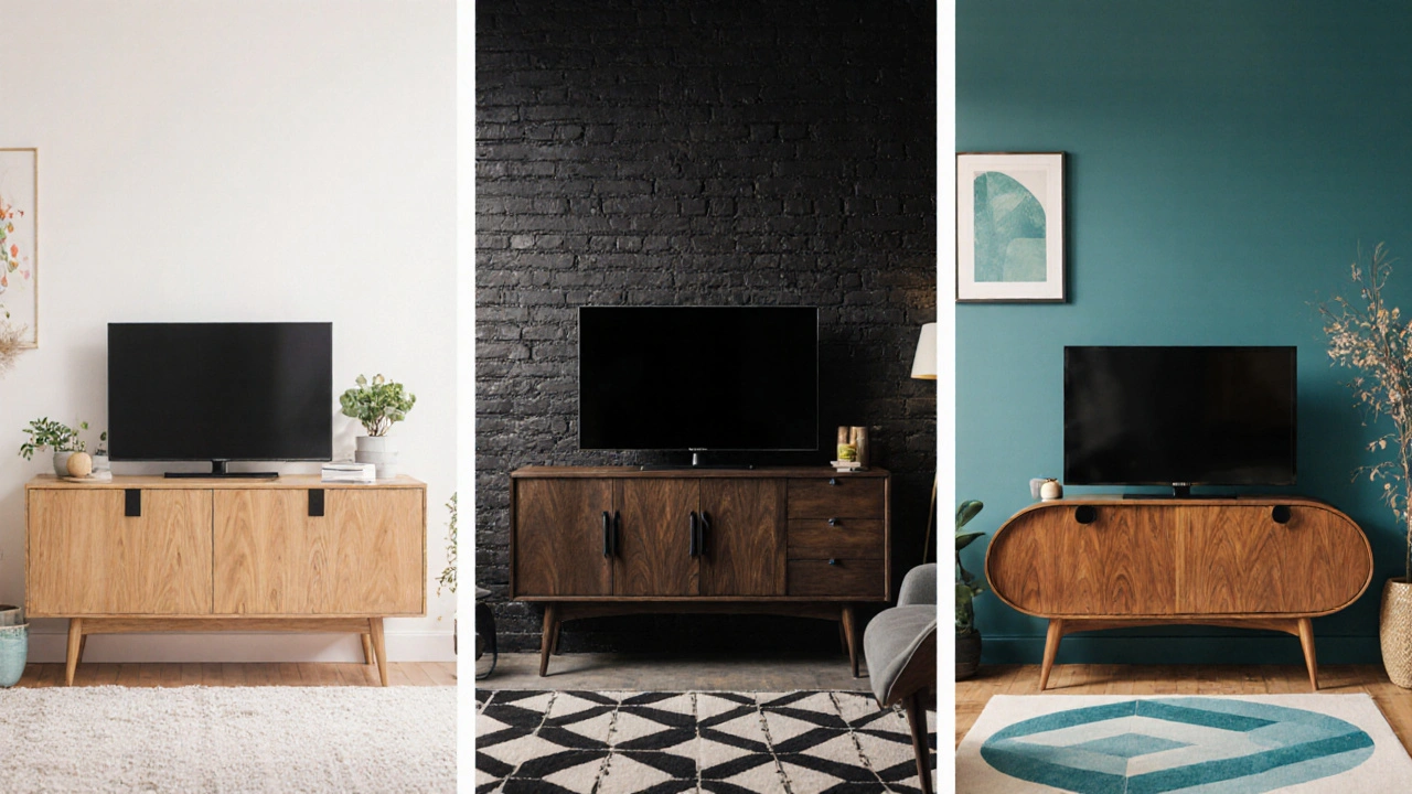 Drei Versionen eines Sideboard‑TV‑Setups: skandinavisch, industrial und Mid‑Century.