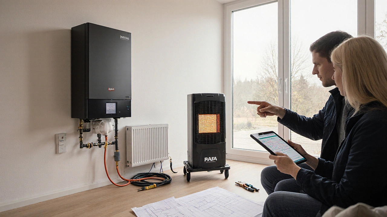 Ein Energieberater überwacht die Installation einer Hybridheizung mit Wärmepumpe und Gasheizung.