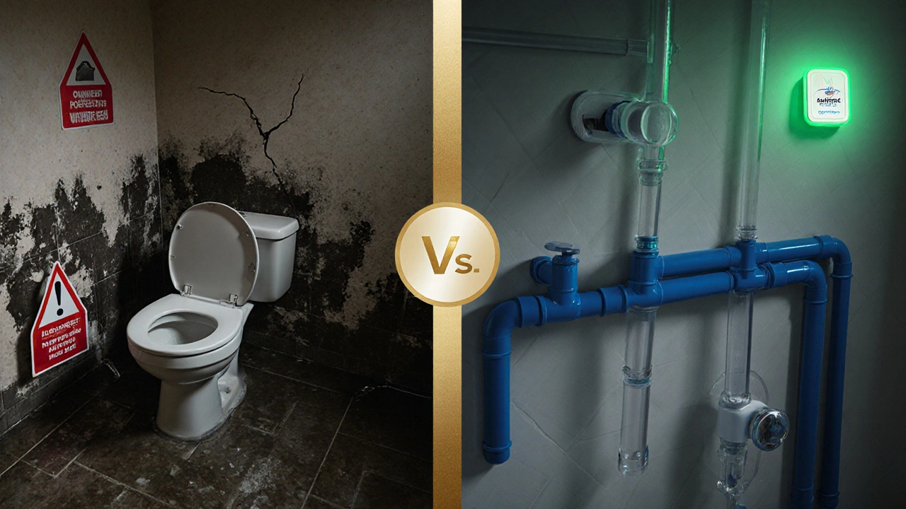 Ein gespaltenes Bad: links eine Wasserflut mit Schimmel, rechts eine perfekt installierte Sanitäranlage mit Sensor.