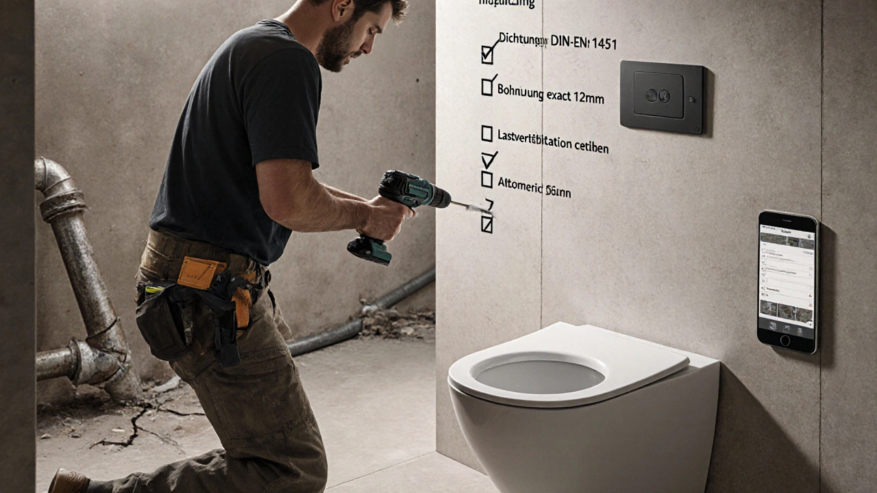 Ein Mann installiert ein wandhängendes WC mit einem Geberit-Stecksystem unter Beachtung von Dichtungsanforderungen.