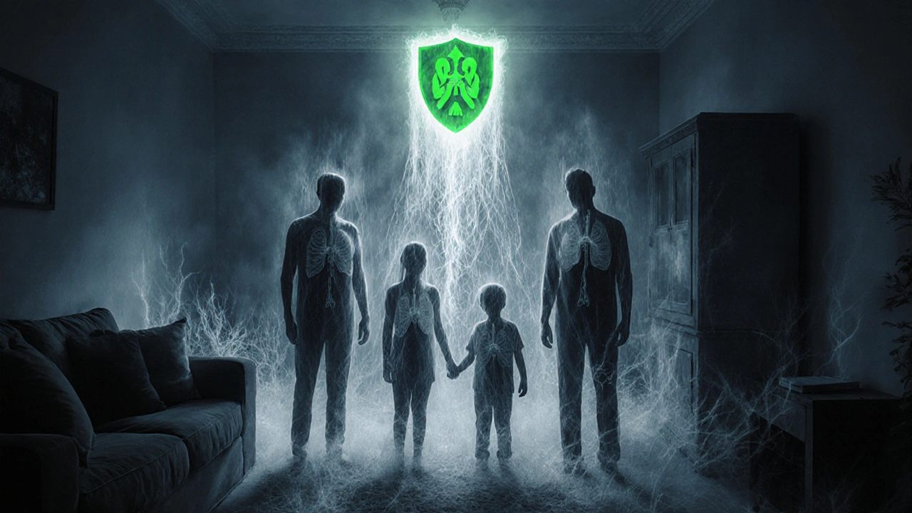 Familie in einem Wohnzimmer, von unsichtbaren Asbestfasern umgeben, während ein grünes Förderlogo als Schutz schwebt.