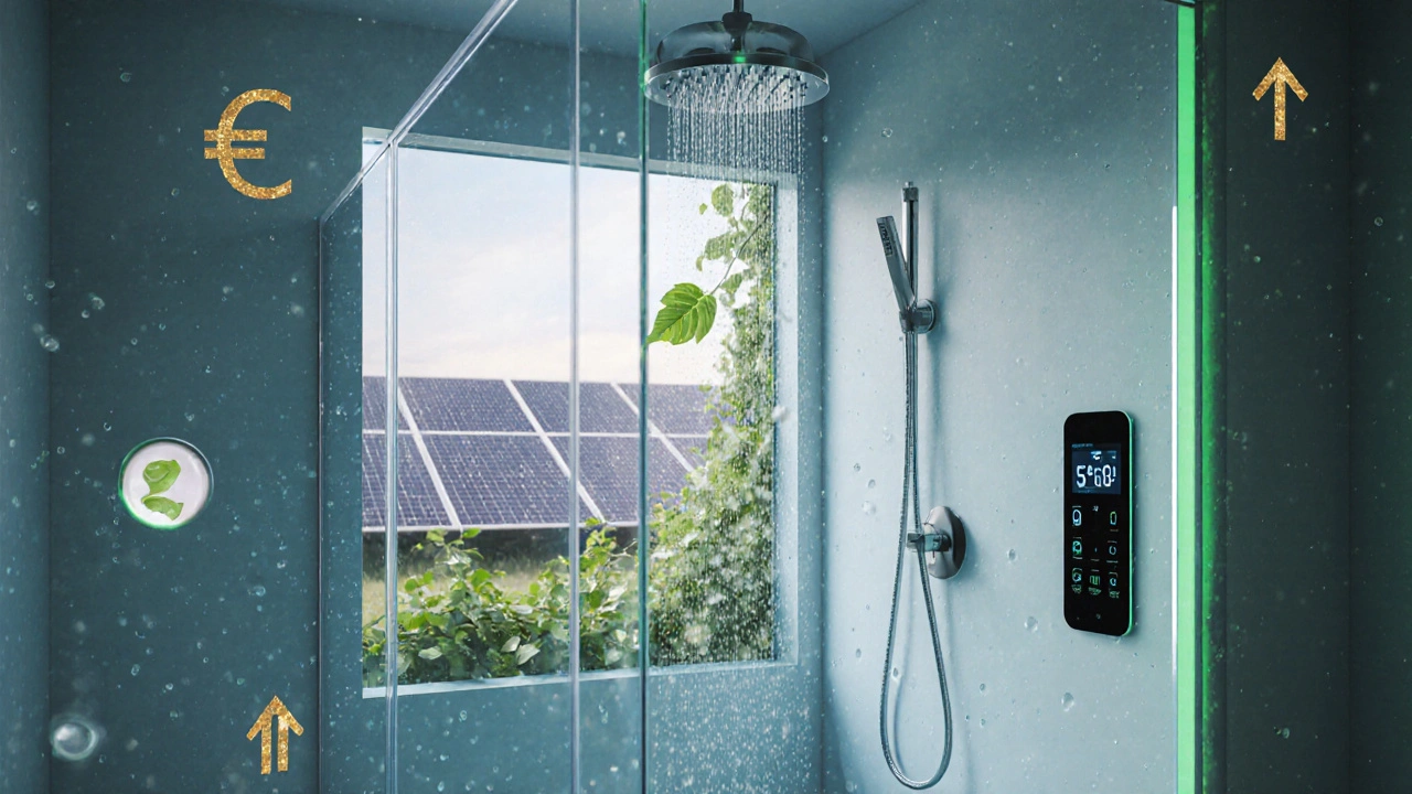 Moderne Walk‑In‑Dusche mit energiesparender Armatur, grüner Umgebung und Symbolen für Einsparungen und Wertsteigerung.