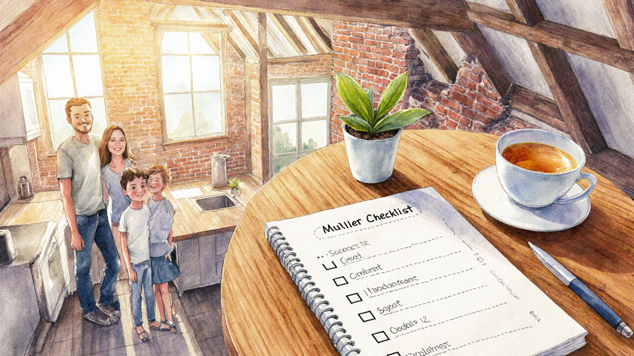 Müller‑Familie im renovierten Loft, Checkliste mit Häkchen, Mischung aus modern und Altbau.
