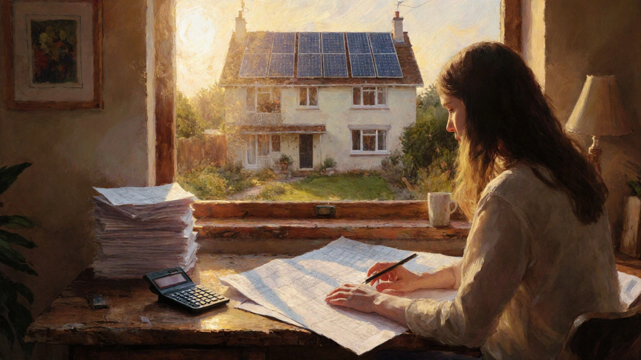 Person plant Sanierung am Schreibtisch, im Hintergrund renoviertes Haus mit Solarpanelen.
