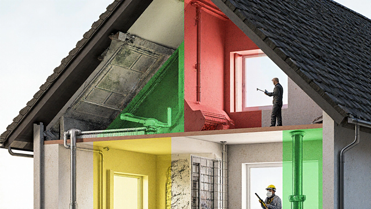 Schnittansicht eines alten deutschen Hauses mit versteckten Asbestmaterialien in Dach, Wänden und Rohrleitungen.