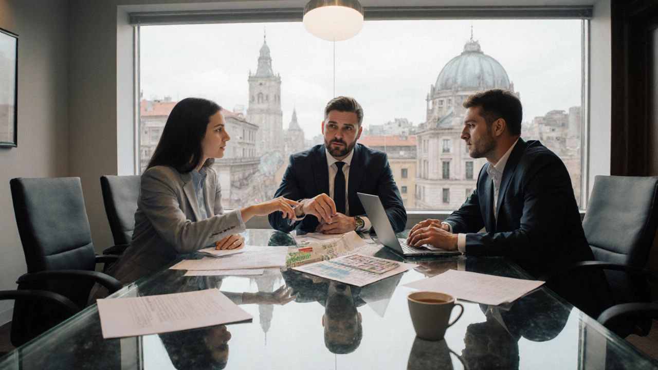 Treffen von Eigentümer, Bankberater und Bauleiter am Tisch, bespricht Finanzierung.