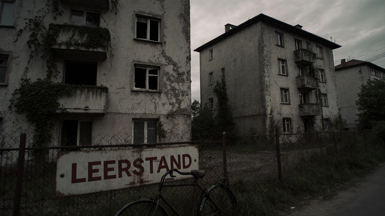Verlassene Wohnblocks in einem ostdeutschen Dorf bei Dämmerung, überwuchert und verfallen.