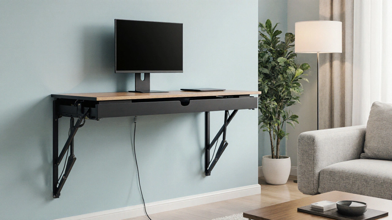 Wandmontierter Klapptisch in einem Wohnzimmer, der über das Sofa klappt, umgeben von Pflanzen.
