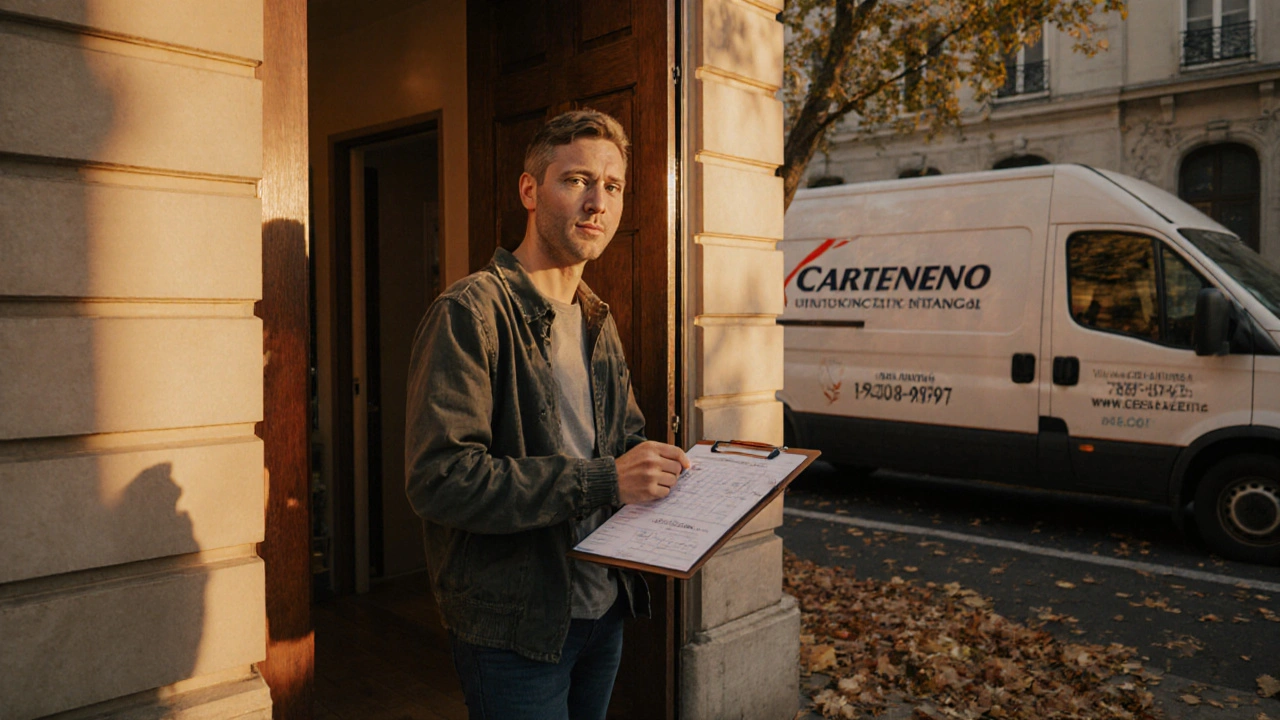 Zufriedener Hausbesitzer prüft Budget neben offenem, fertig installierten Haustür mit Smart‑Lock im Abendlicht.