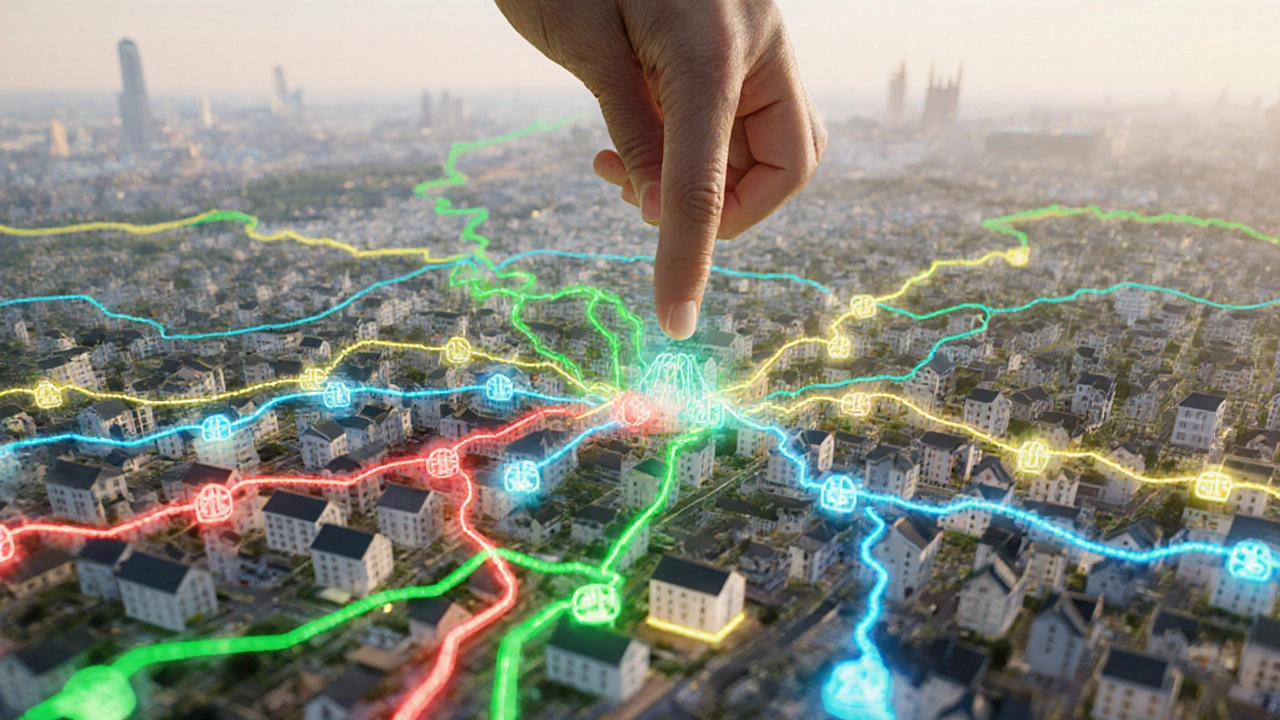 3D-Stadtmap mit Datenströmen, die Immobilienwerte, Lärm und geplante Bauprojekte visualisieren.