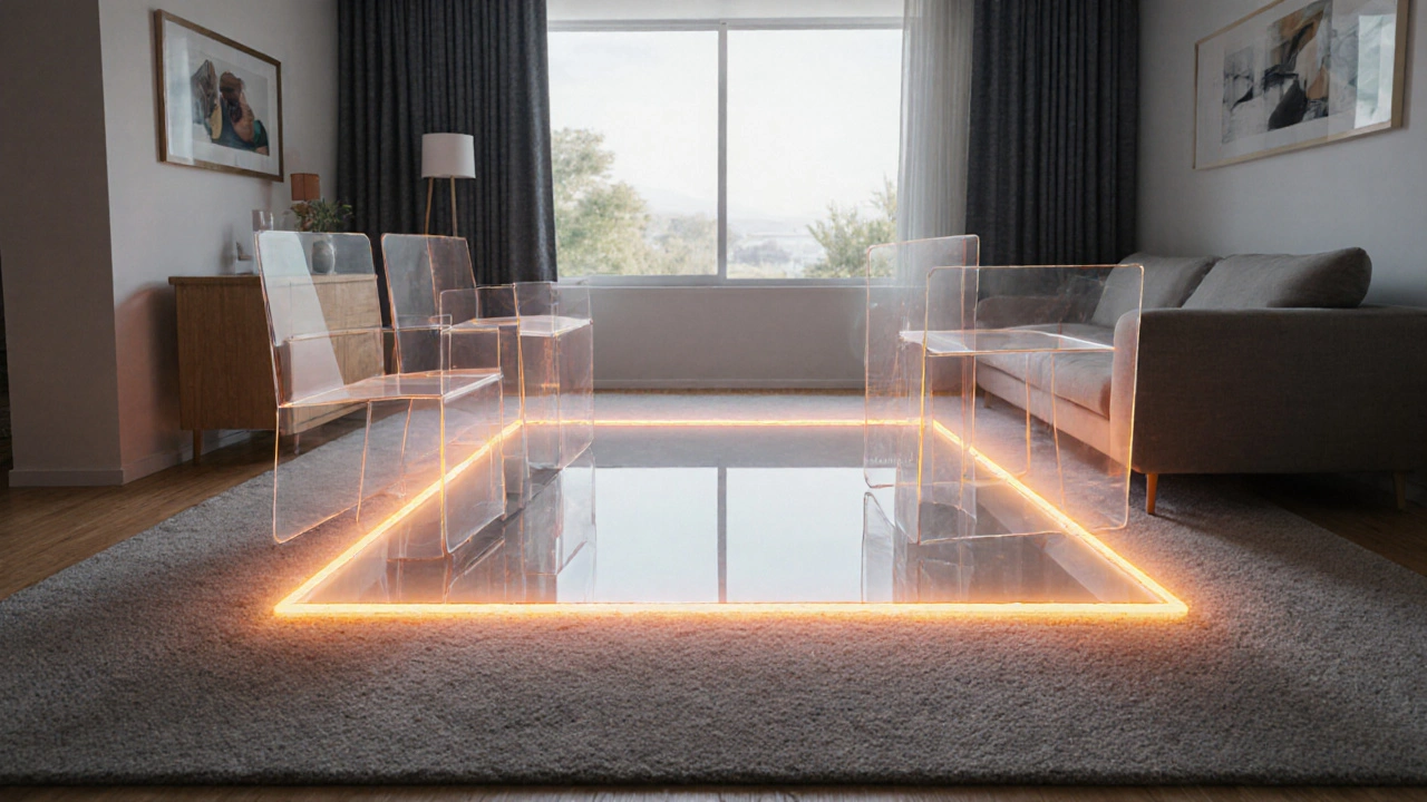 Abstrakte Darstellung eines barrierefreien Wohnzimmers mit freien Bewegungsflächen und erreichbaren Bedienelementen.