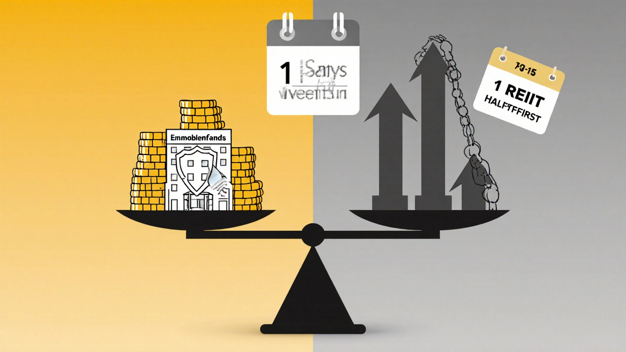 Abstrakte Waage zeigt Immobilienfonds mit 60% Steuerfreistellung gegenüber REITs mit vollen Steuerlasten und Haltefrist.