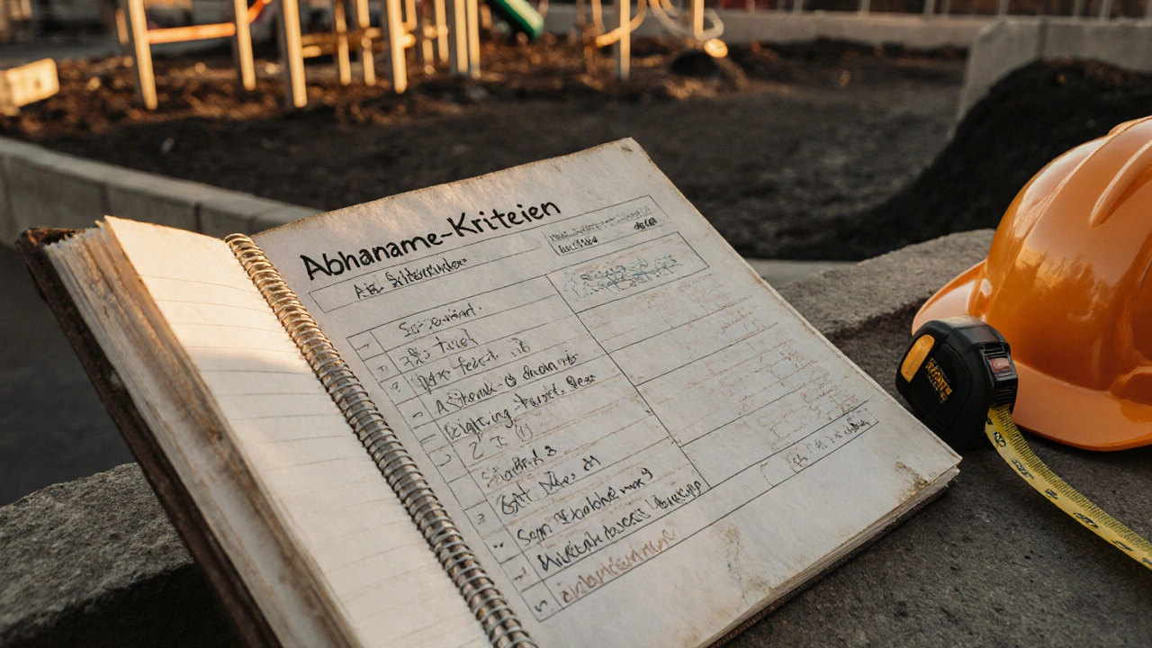 Aufgeklapptes Bauprotokoll mit detaillierten Abnahmekriterien für Straßen und Gehwege.
