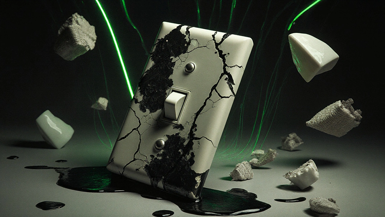 Bakelit-Schalter mit schwarzem, klebrigem Rückstand, der aus Rissen sickert.