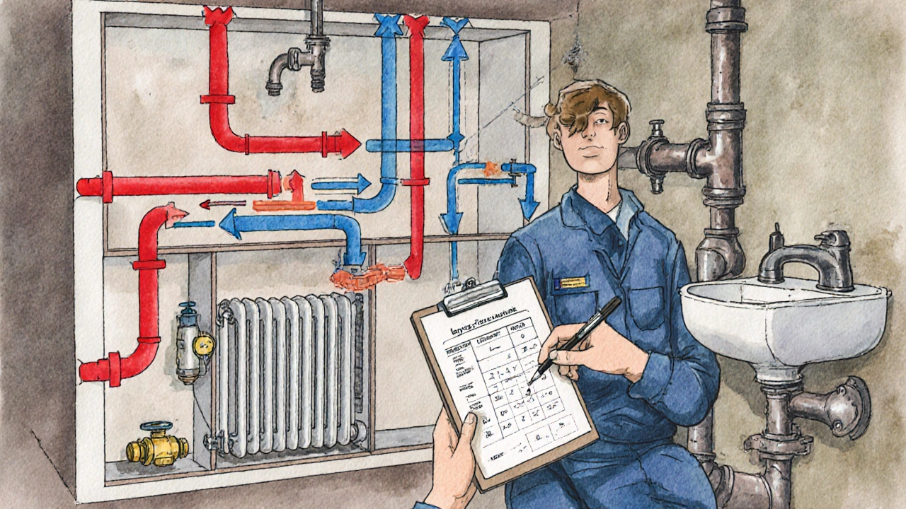 Ein Techniker stellt ein Heizungsventil ein, während Wasserströme in einem Hausplan visualisiert werden.