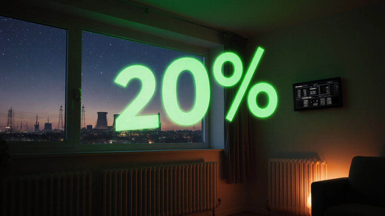 Ein warmes, gleichmäßig beheiztes Wohnzimmer mit einem großen grünen 20%-Symbol für Energieeinsparung.