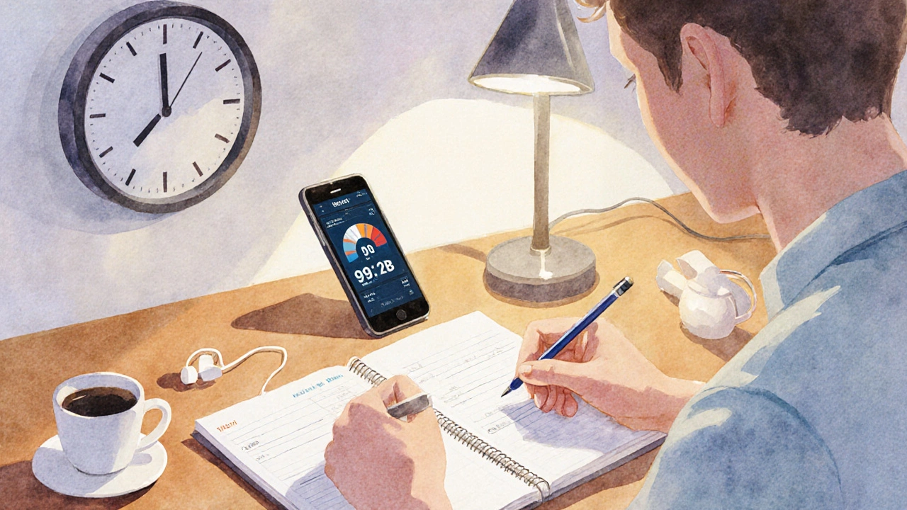 Eine Person protokolliert Lärm in einem Notizbuch, Smartphone zeigt 92 dB(A), Uhrzeit ist 21:15 Uhr.