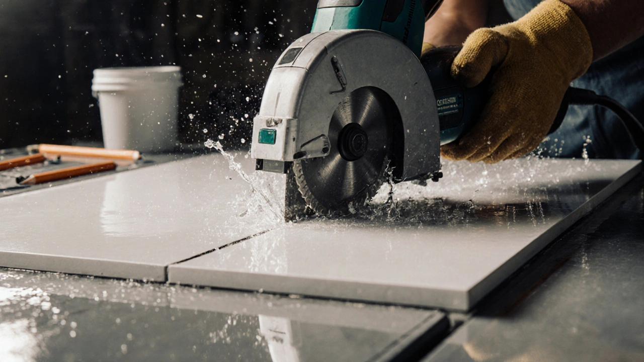 Elektrischer Nassschneider schneidet eine große Feinsteinzeug-Fliese unter Wasser, mit Wassertröpfchen und Diamantkreissäge.