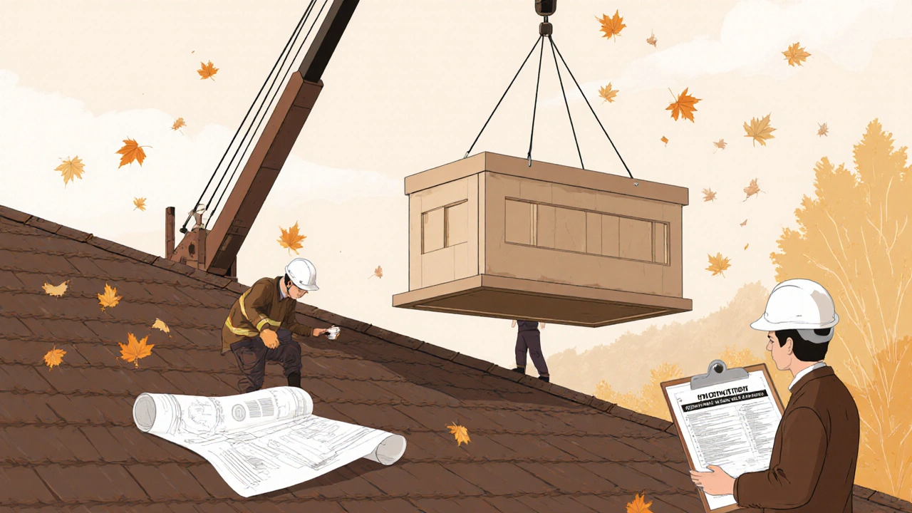 Fachmann installiert eine vorgefertigte Gaube auf einem Dach mit Statiker, der Pläne prüft.