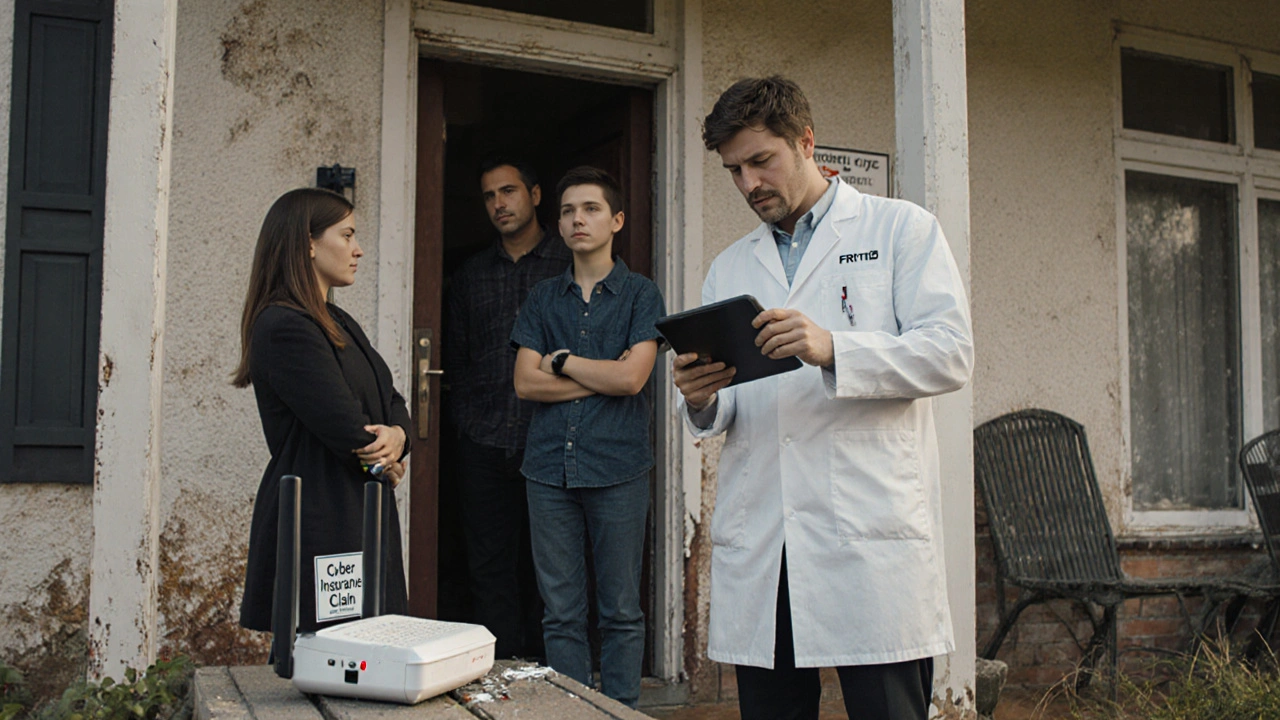 Familie vor ihrem beschädigten Zuhause, während ein Techniker den Router auf Sicherheitslücken prüft.