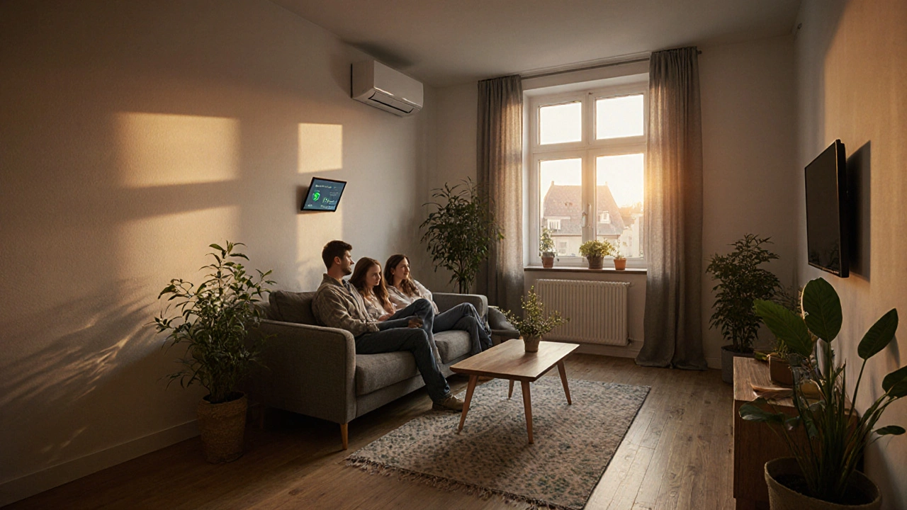 Gemütliches Wohnzimmer mit verborgener Lüftungsanlage, sauberer Luft und natürlicher Beleuchtung.