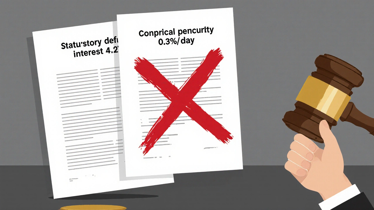 Gerichtsszene mit zwei widersprüchlichen Klauseln, die durch einen roten Strich als unzulässig gekennzeichnet sind.