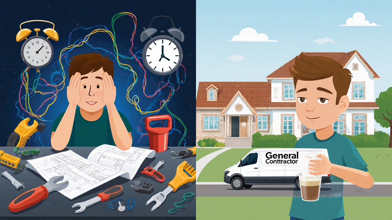 Gespaltenes Bild eines Bauherren: eine Seite gestresst mit Werkzeugen, andere Seite entspannt mit Kaffee und fertigem Haus.