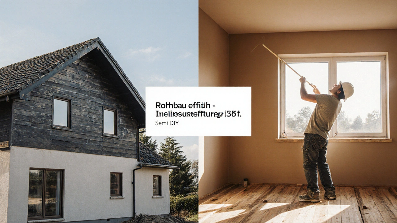 Halbfertiges Haus: links professioneller Rohbau, rechts Eigenbau von Boden und Wandfarbe.