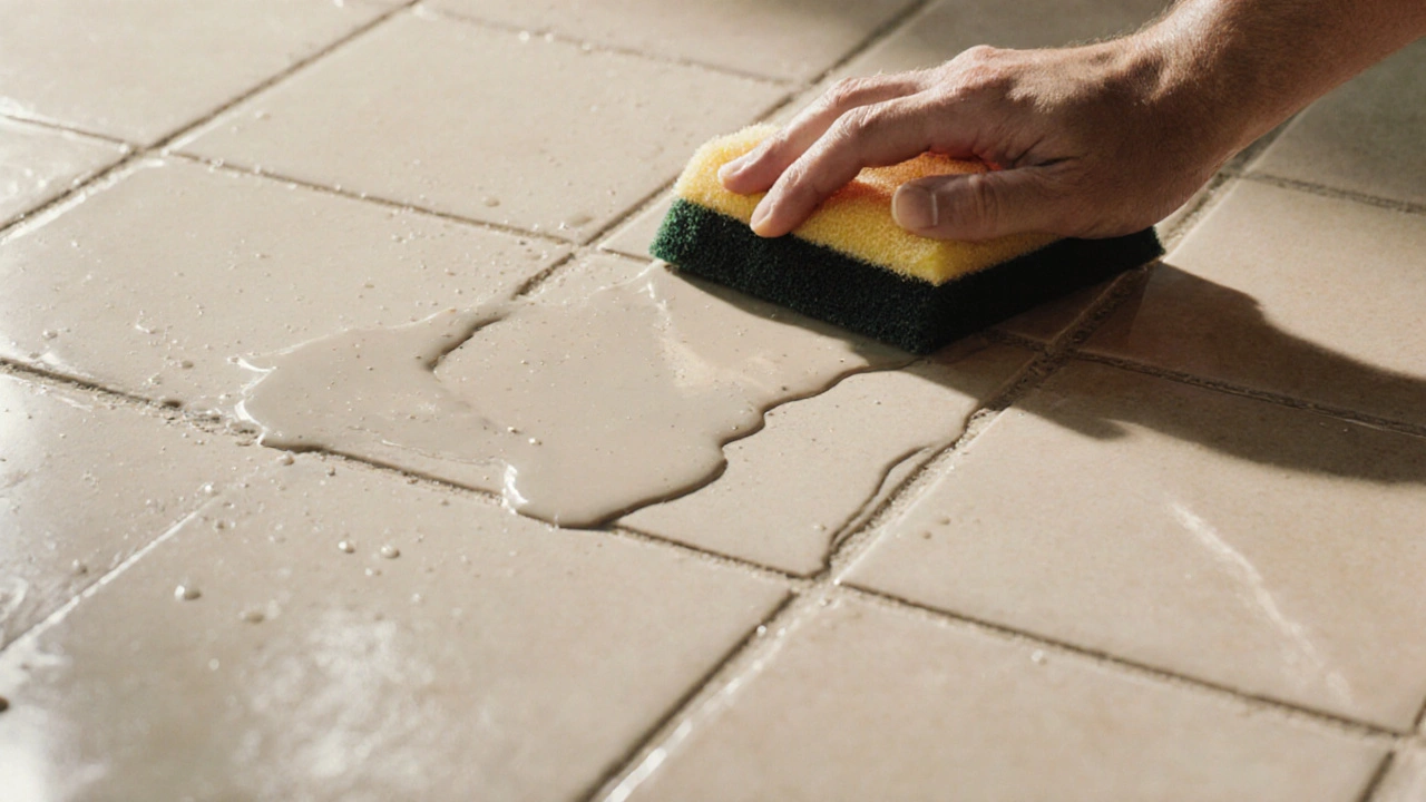 Hand drückt Epoxid-Fugmassse mit einem Gummifugenglättungswerkzeug in die Fugen zwischen Fliesen.
