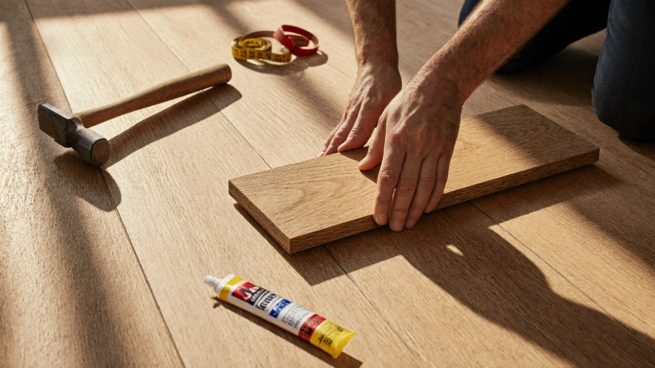 Hand legt ein massives Stabparkett-Element auf einen glatten Untergrund mit Werkzeugen.