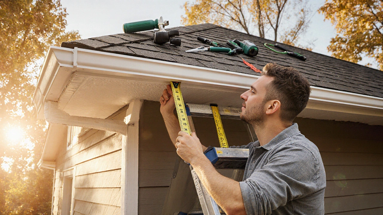 Hausbesitzer installiert PVC-Dachuntersicht mit ausreichend Ausdehnungsspielraum und dichtendem Kitt an der Traufe.