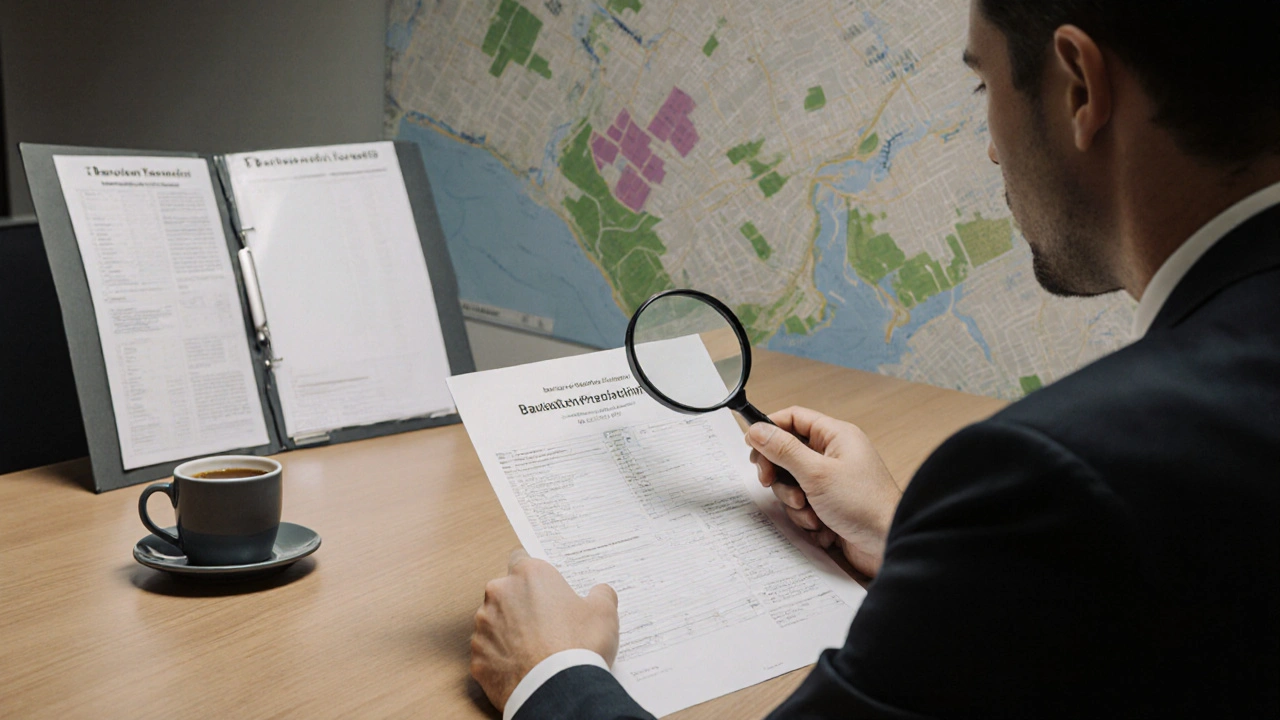 Immobilienberater und Käufer analysieren Bodenprobenbericht in einem Amt mit Industriekarte an der Wand.