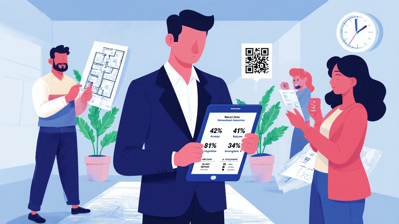 Immobilienmakler mit Tablet, das Open-House-Metriken wie Besucherzahlen und Leads anzeigt, während Besucher sich umsehen.