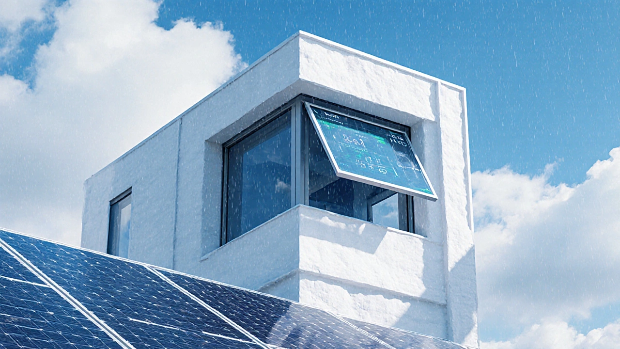 Intelligente Gaube mit automatischen Fenstern und Energieeffizienz-Anzeige in moderner Architektur.