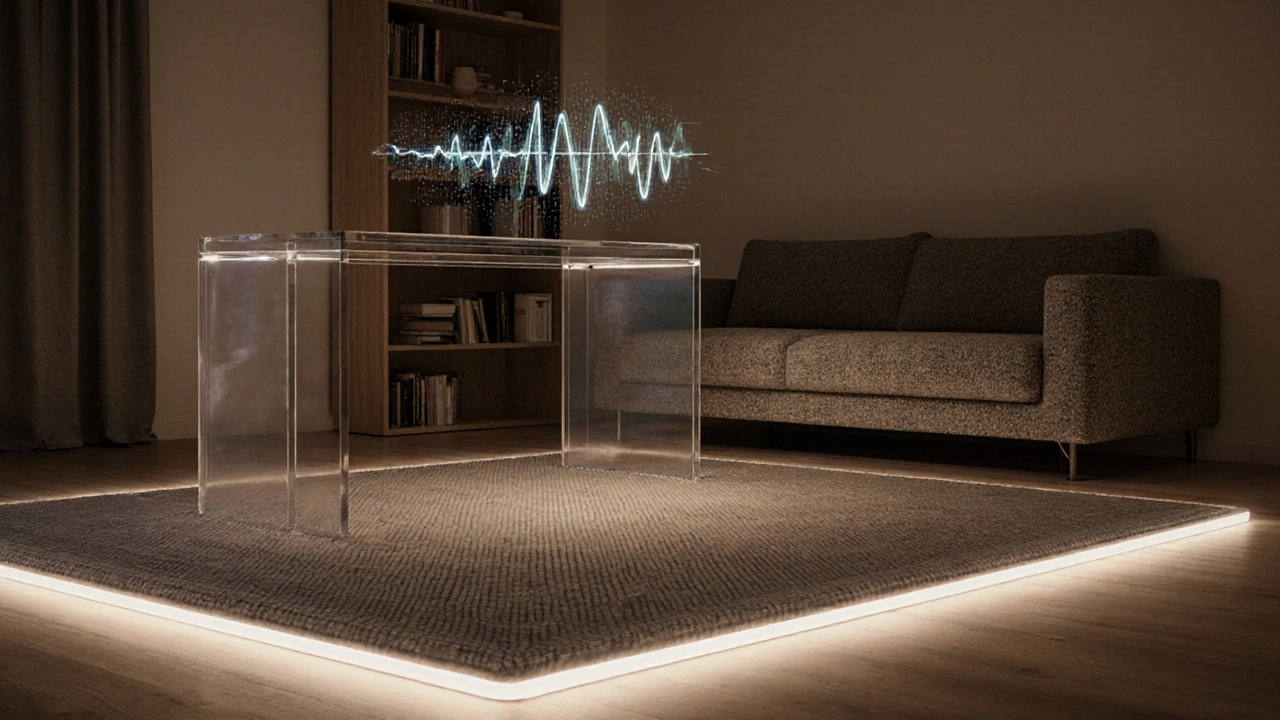 Intelligenter Teppich mit LED-Rand und Bücherregal trennen Wohn- und Arbeitsbereich in einem modernen Zuhause.