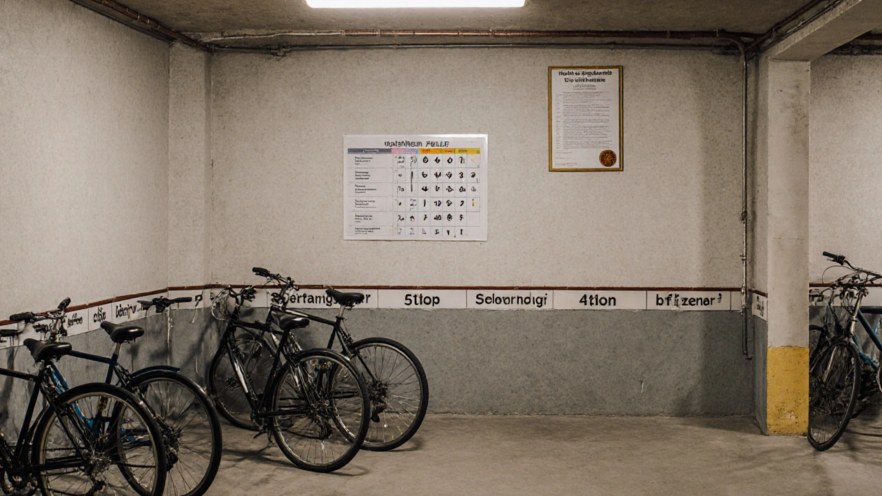 Keller mit zugewiesenen Fahrradplätzen und Reinigungsplan, notarielle Vereinbarung an der Wand