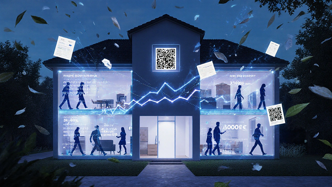 Künstlerische Darstellung eines Hauses, das mit Verkaufsdaten und digitalen Einladungen leuchtet, während Besucher durch die Räume gehen.